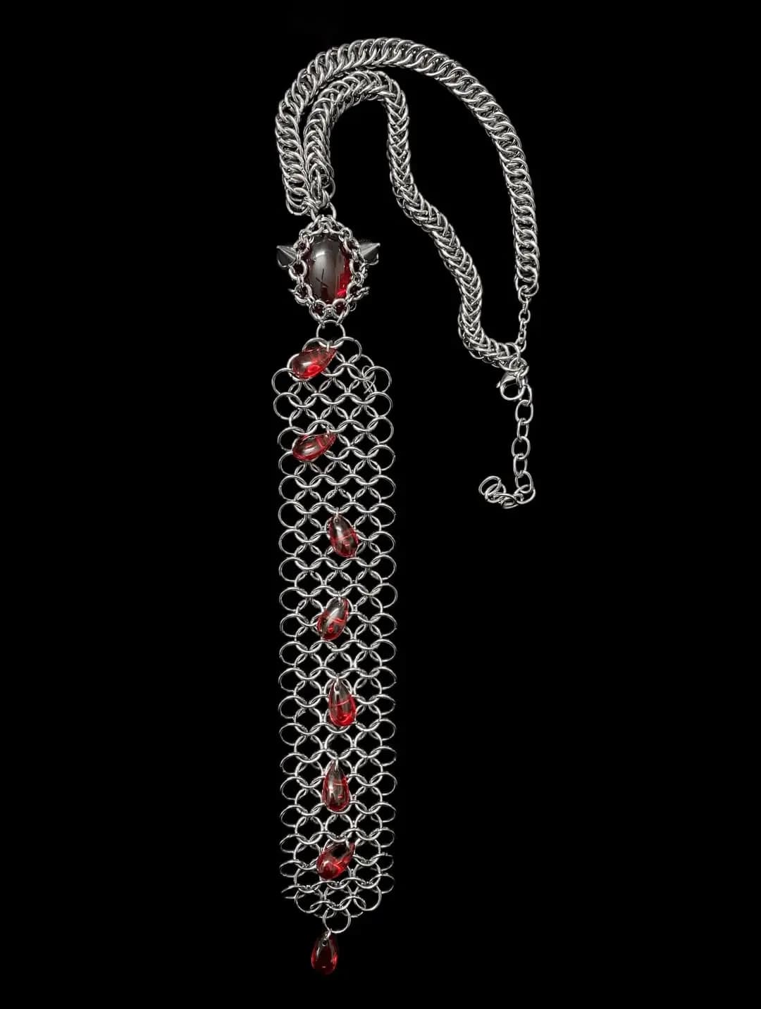 Gothic Chainmail Necklace with Red Crystal Drops