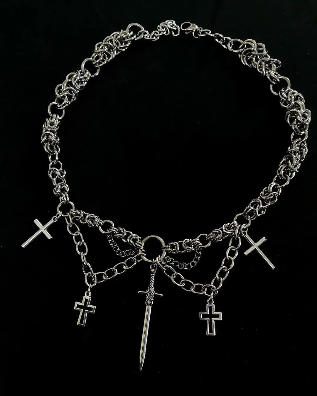 Gothic Cross Chainmail Necklace with Medieval Sword Pendant