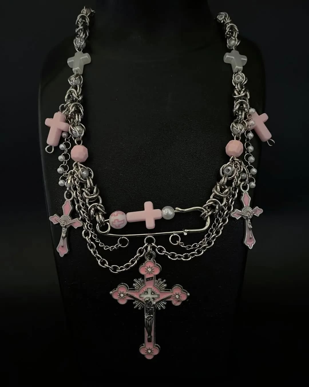 Pastel Pink Gothic Emblem Layered Necklace