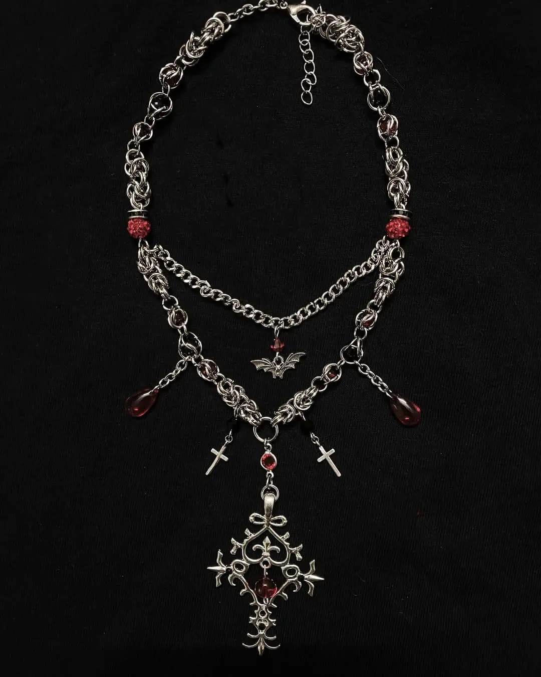 Vampire Gothic Cross Layered Necklace with Blood – Red Crystal Drops