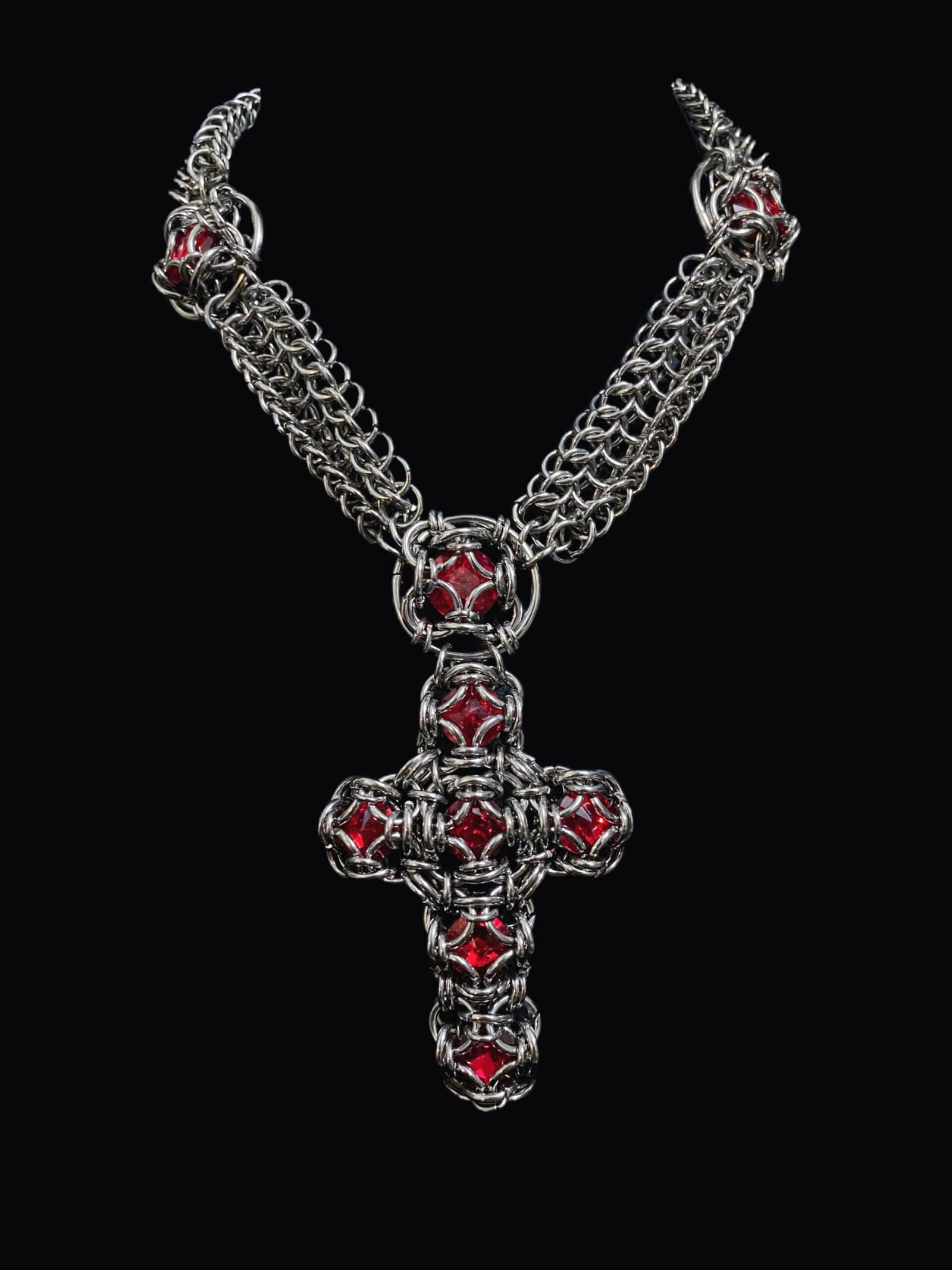 Crimson Reliquary Chainmaille Cross Necklace